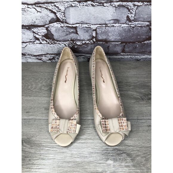 LE SAUNDA Ivory Leather Pink Croc Bow Peep Toe Wedges Women’s Sz 38EU/7.5M US - Picture 12 of 16